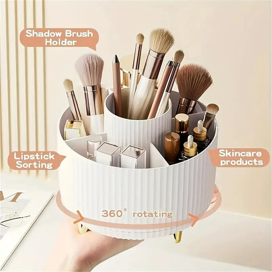 360° Rotating Makeup Brush Organizer 5-Compartment Cosmetic Storage Holder Stylish Desk Organizer for Brushes Lipsticks