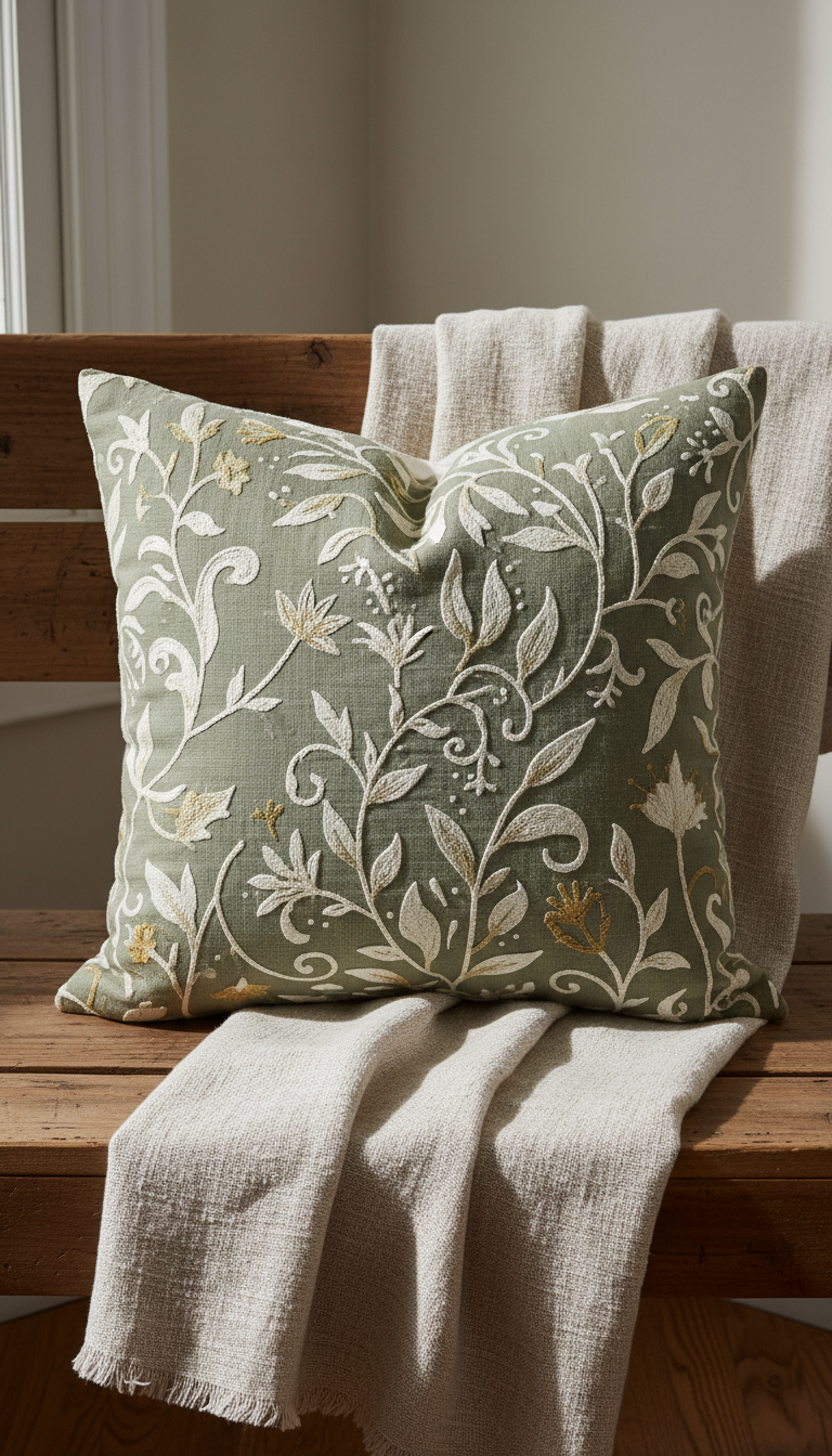Sage green embroidered cushion