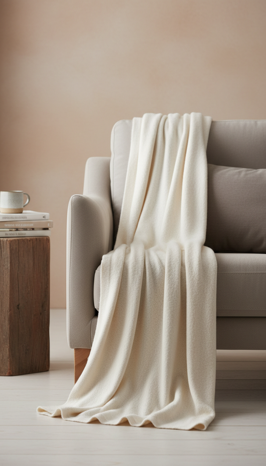 Cashmere blend throw in creamy ecru