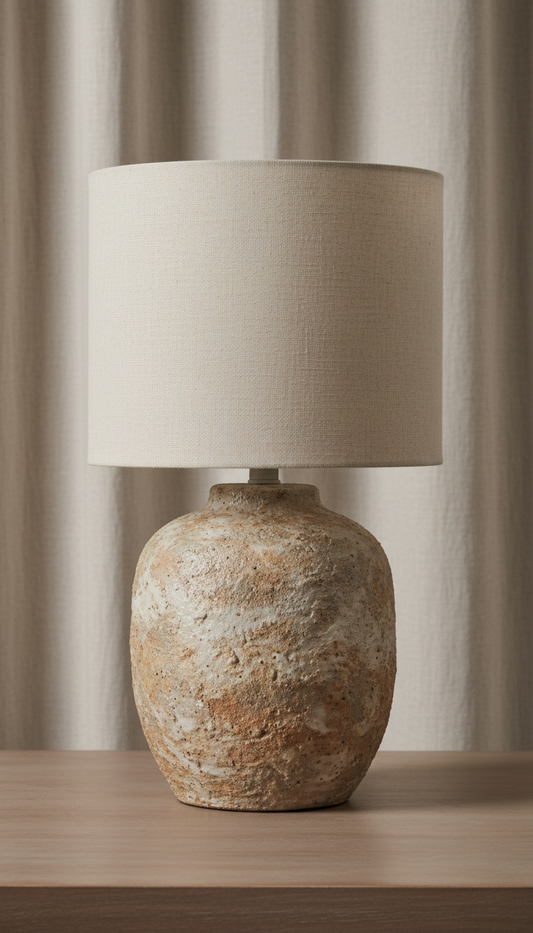 Textured stoneware table lamp with linen shade
