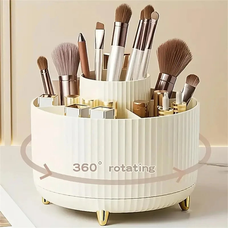 360° Rotating Makeup Organizer - 1pc Plastic Cosmetic Storage With 5 Compartments - Multi-Functional Holder For Brushes
