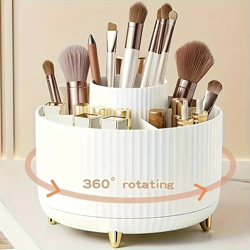 360° Rotating Makeup Brush Organizer 5-Compartment Cosmetic Storage Holder Stylish Desk Organizer for Brushes Lipsticks