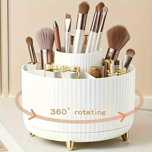360° Rotating Makeup Brush Organizer 5-Compartment Cosmetic Storage Holder Stylish Desk Organizer for Brushes Lipsticks