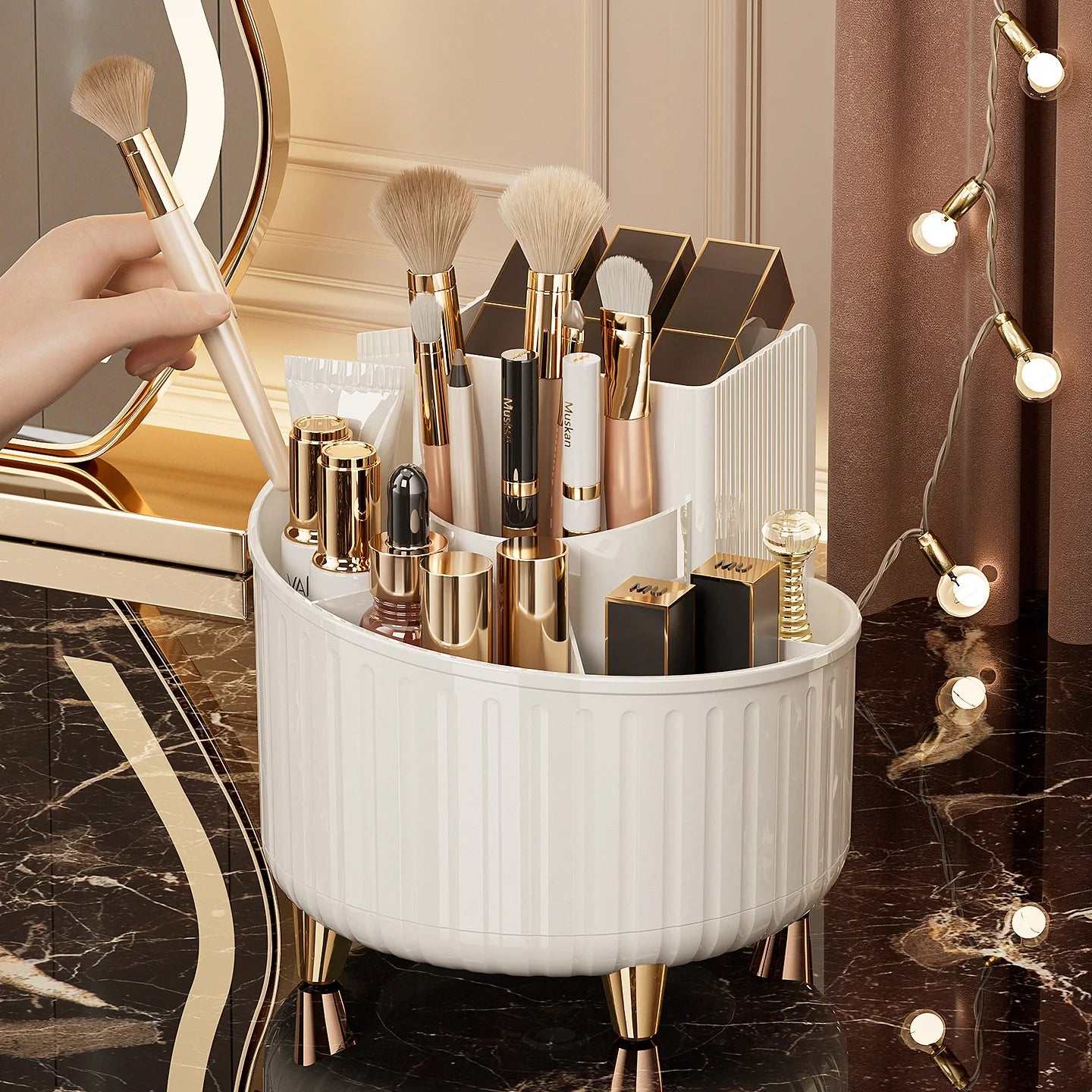 Rotating Makeup Organizer Desktop Cosmetic Storage Box for Lipstick Makeup Brushes Skincare Vanity Countertop Holder
