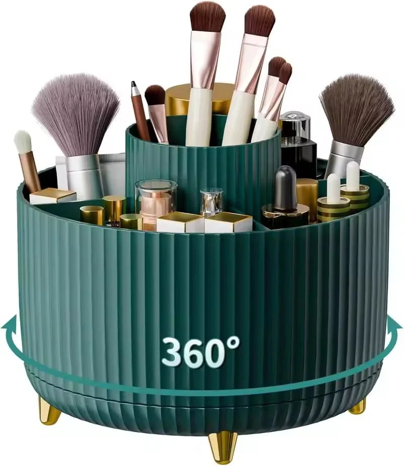 360° Rotating Makeup Brush Organizer 5-Compartment Cosmetic Storage Holder Stylish Desk Organizer for Brushes Lipsticks