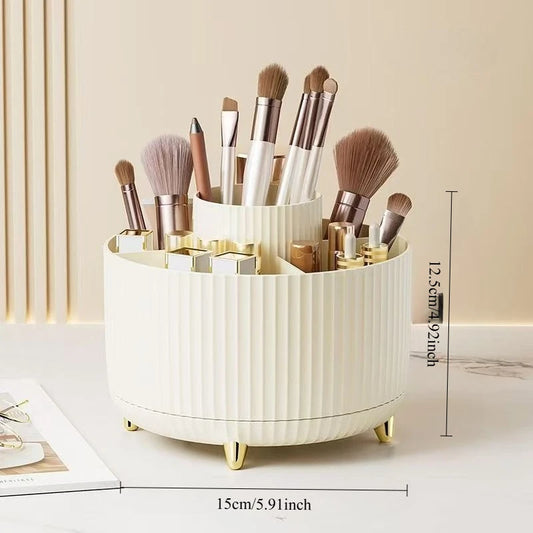 360° Rotating Makeup Organizer - 1pc Plastic Cosmetic Storage With 5 Compartments - Multi-Functional Holder For Brushes