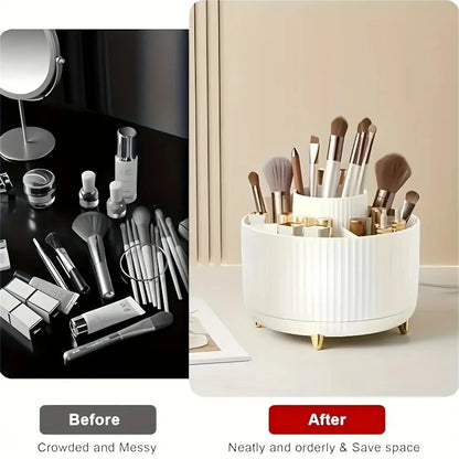 360° Rotating Makeup Brush Organizer 5-Compartment Cosmetic Storage Holder Stylish Desk Organizer for Brushes Lipsticks