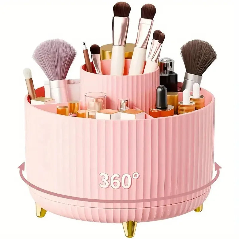 360° Rotating Makeup Organizer - 1pc Plastic Cosmetic Storage With 5 Compartments - Multi-Functional Holder For Brushes