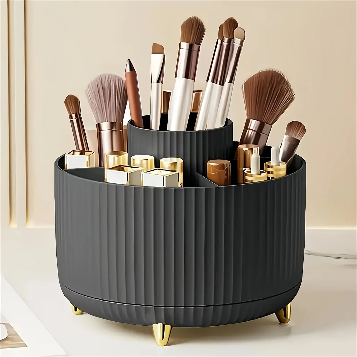360° Rotating Makeup Brush Organizer 5-Compartment Cosmetic Storage Holder Stylish Desk Organizer for Brushes Lipsticks